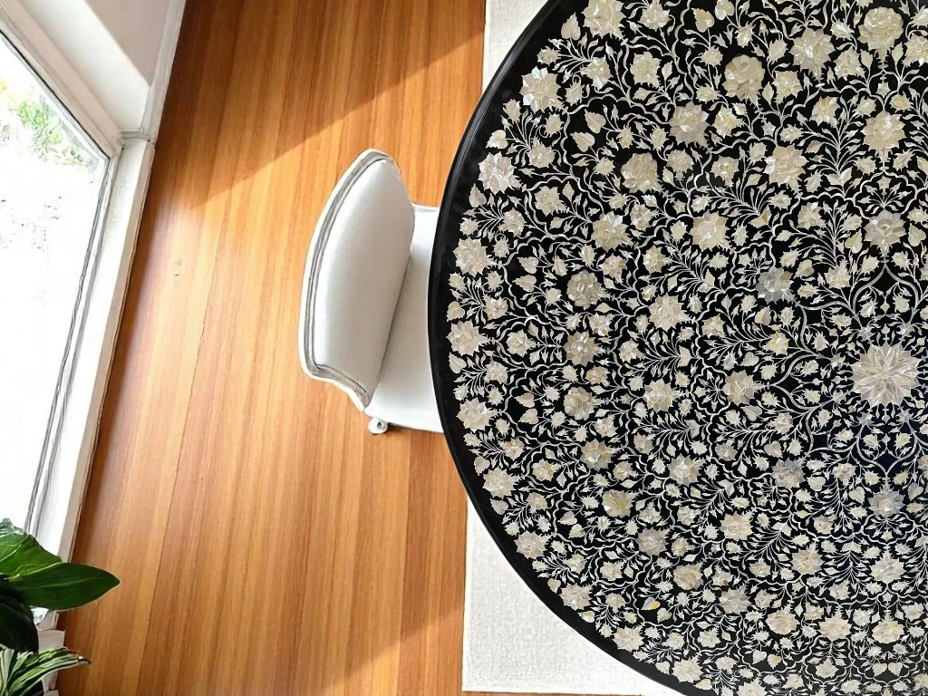 Marble Top Round Table Floral Mother Of Pearl Inlay Design
